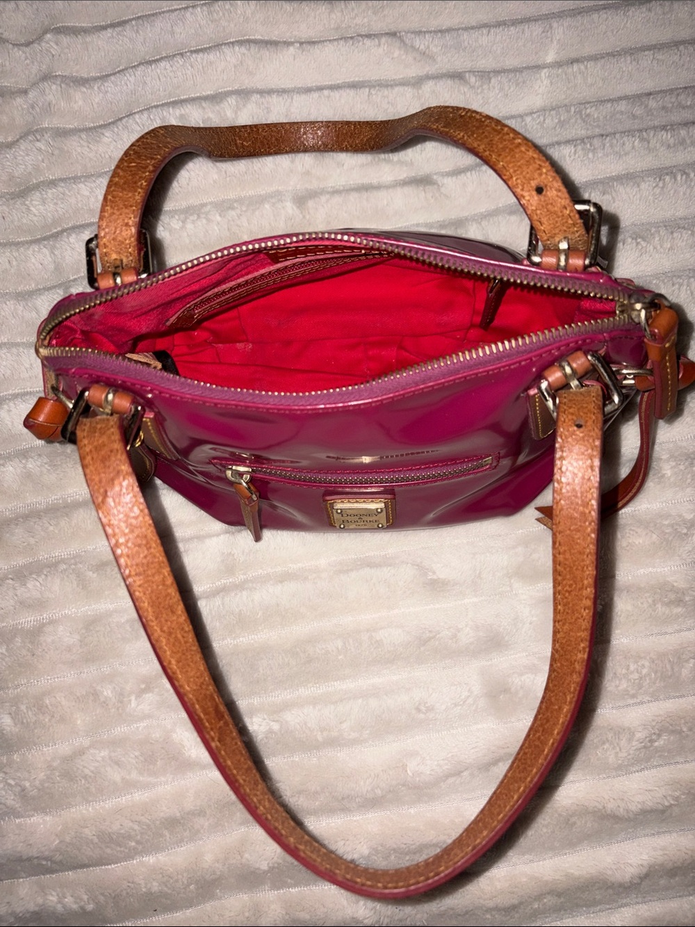 Dooney & Bourke Bright Pink Patent Shoulder Bag with Tan Leather Trim - Picture 5 of 6